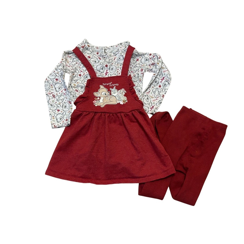 Disney Bambi 3Pc Outfit Set 24 Months Pinafore Dress Shirt Tights Woodland